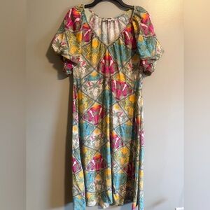 LOFT Multicolor Floral Tropical Maxi Dress with Teal Accents Puff sleeve size 12